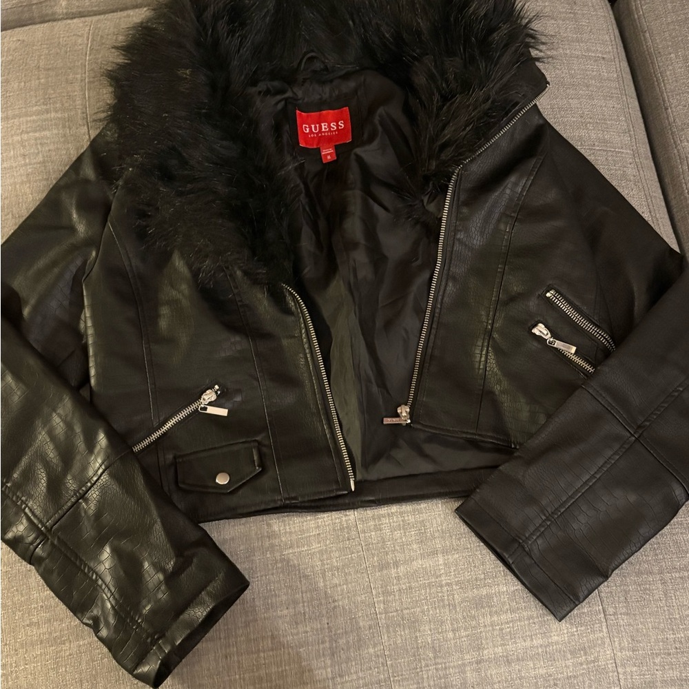 • GUESS Black Leather Jacket with Faux Fur Collar